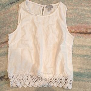 Kenar 100% Linen White Sleeveless Top Women's Size Medium Crochet